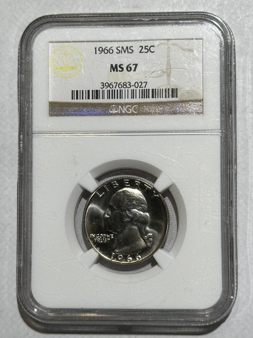 1966 S NGC MS 67 Uncirculated Quarter Dollar Coin: 1966 S NGC MS 67 Uncirculated Quarter Dollar Coin This 1966 S Quarter Dollar is certified by NGC with a remarkable grade of MS 67, indicating its uncirculated condition. The coin is composed of copper