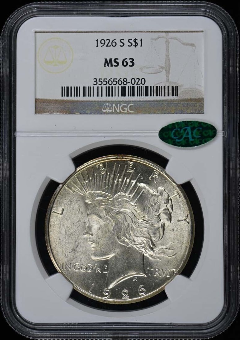 1926-S Peace Dollar MS63 NGC CAC Uncirculated San Francisco: 1926-S Peace Dollar MS63 NGC CAC Uncirculated San Francisco This 1926-S Peace Dollar is graded MS63 by NGC and features the prestigious CAC designation, indicating a higher standard of quality. Struck