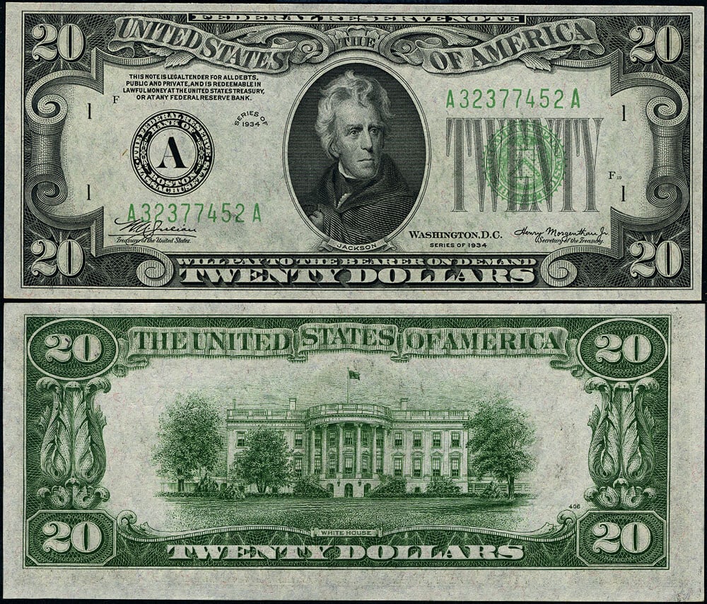 1934 $20 Federal Reserve Note Boston A-A Block Choice Uncirculated: 1934 $20 Federal Reserve Note Boston A-A Block Choice Uncirculated This is a $20 Federal Reserve Note from 1934, featuring the Boston A-A Block. The note is in uncirculated condition, graded as Choice