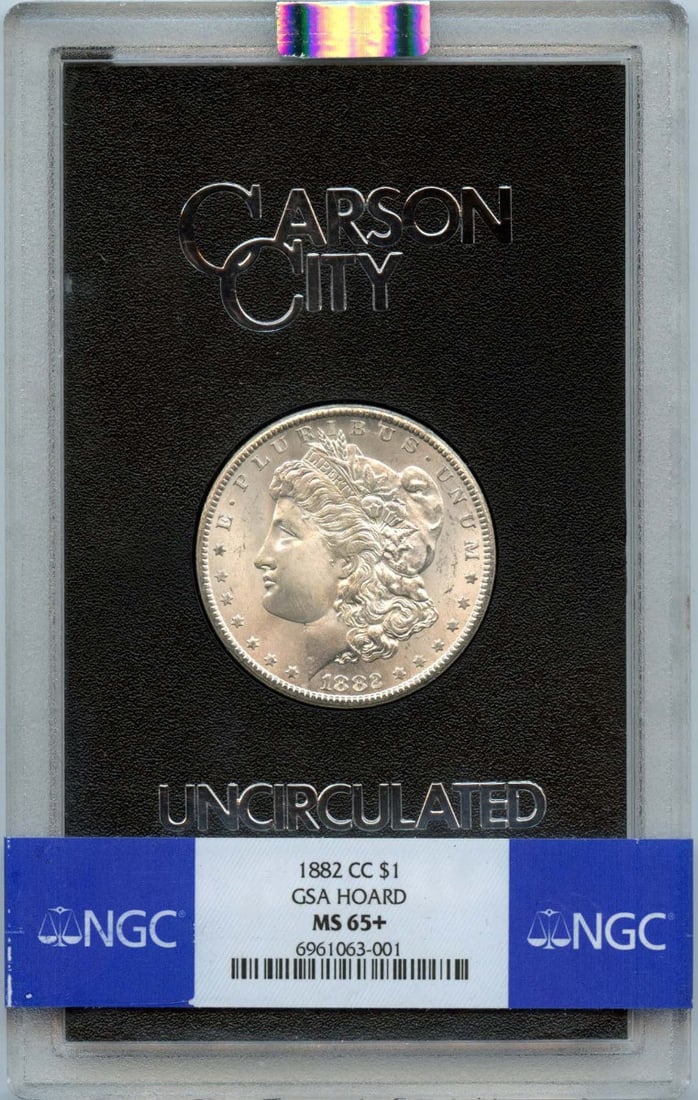 1882-CC Morgan Dollar NGC MS65+ Uncirculated GSA Hoard Coin: 1882-CC Morgan Dollar NGC MS65+ Uncirculated GSA Hoard Coin This 1882-CC Morgan Dollar from the GSA Hoard is a stunning example of American coinage, graded MS65+ by NGC, indicating its exceptional unc