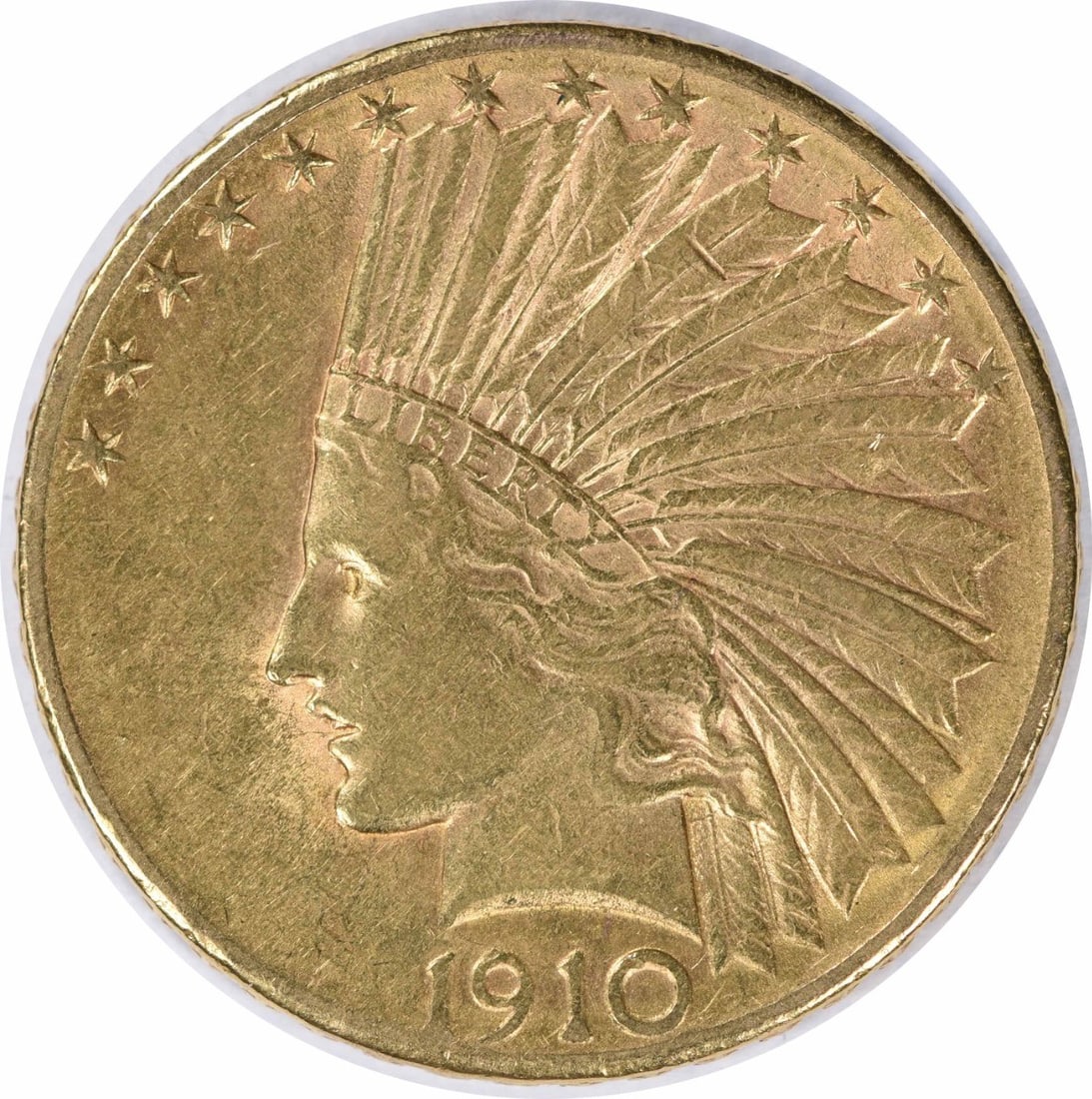 1910-D $10 Gold Indian Coin by Augustus Saint Gaudens AU: 1910-D $10 Gold Indian Coin by Augustus Saint Gaudens AU This 1910-D $10 Gold Indian coin features a design by renowned artist Augustus Saint Gaudens. With a grade of AU, this coin is circulated and s