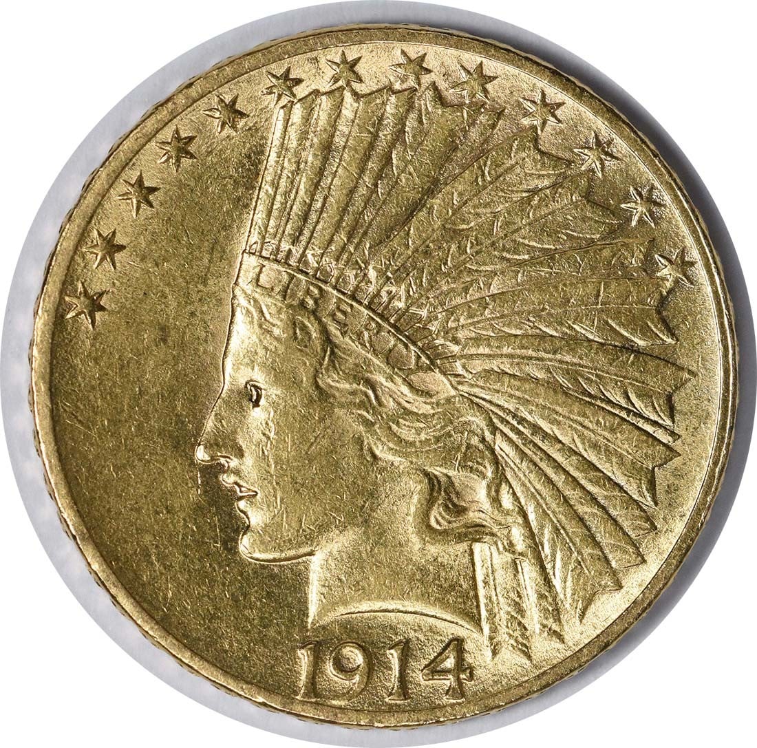 1914 $10 Gold Indian Coin AU by Augustus Saint Gaudens: 1914 $10 Gold Indian Coin AU by Augustus Saint Gaudens This 1914 $10 Gold Indian coin showcases the iconic design by Augustus Saint Gaudens. Struck in Philadelphia, it features a composition of 90% go