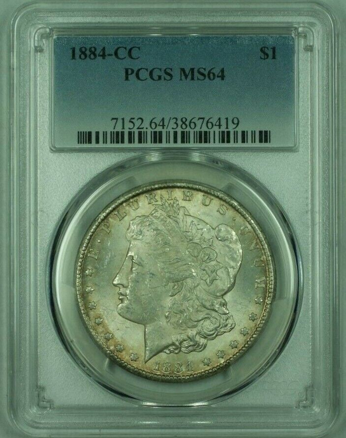 1884-CC Morgan Silver Dollar PCGS MS64 Uncirculated Light Toning: 1884-CC Morgan Silver Dollar PCGS MS64 Uncirculated Light Toning This 1884-CC Morgan Silver Dollar features an attractive light toning and is certified by PCGS with a grade of MS 64. Minted in Carson 
