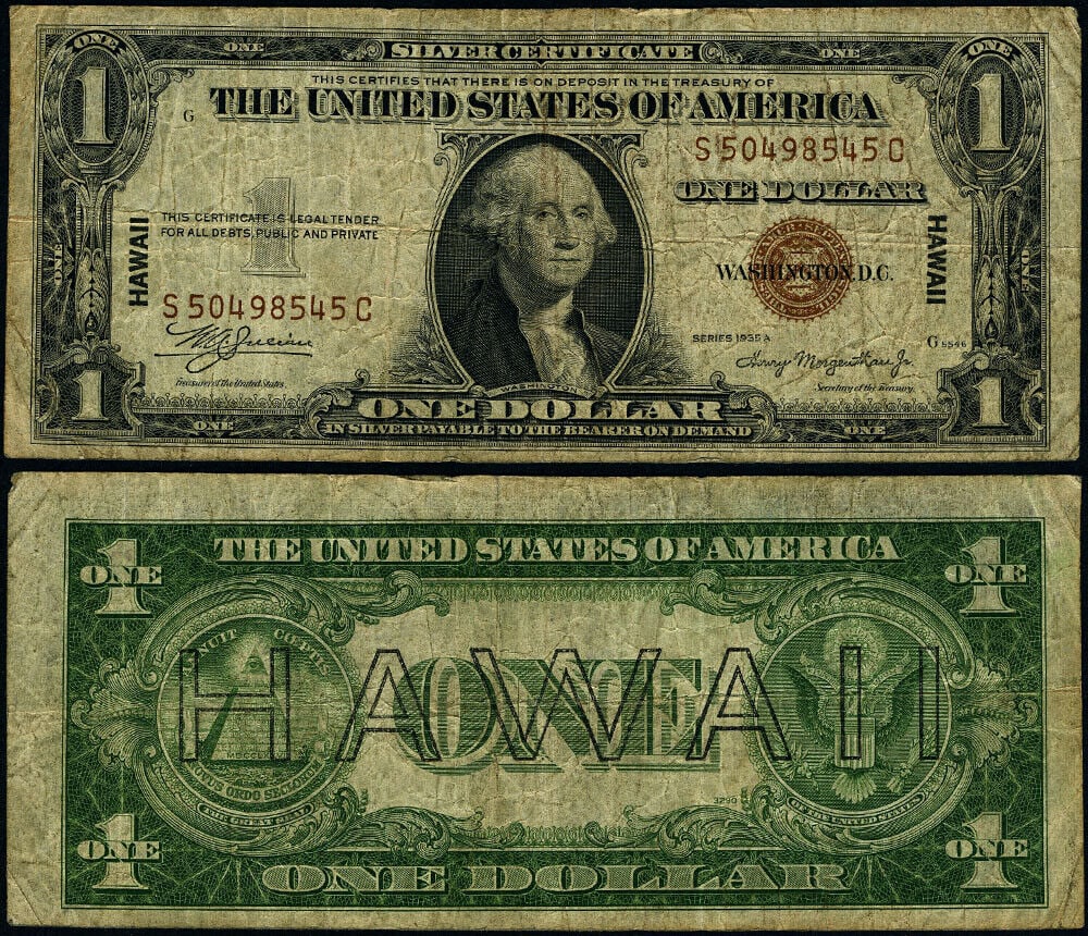 1935-A $1 Hawaii Note S-C Block Uncertified Fine+: 1935-A $1 Hawaii Note S-C Block Uncertified Fine+ This $1 Hawaii Note from the year 1935-A is in Fine+ condition, indicating it has been circulated but is still in good shape. The note features the S-