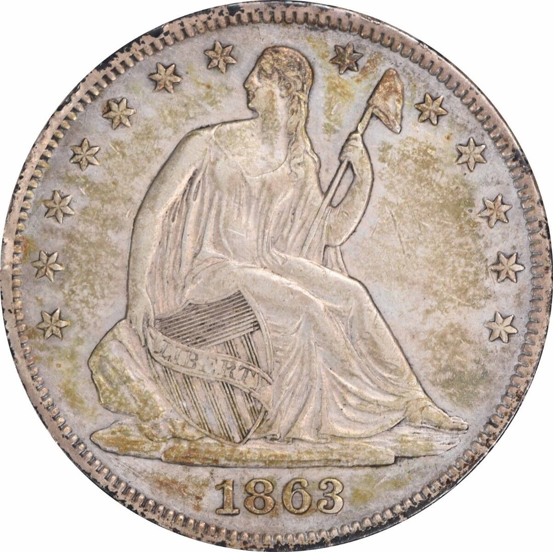 1863 Liberty Seated Half Dollar 90% Silver EF Uncertified Coin: 1863 Liberty Seated Half Dollar 90% Silver EF Uncertified Coin This 1863 Liberty Seated Silver Half Dollar features a classic design by Thomas Sully and Christian Gobrecht. Crafted from 90% silver and