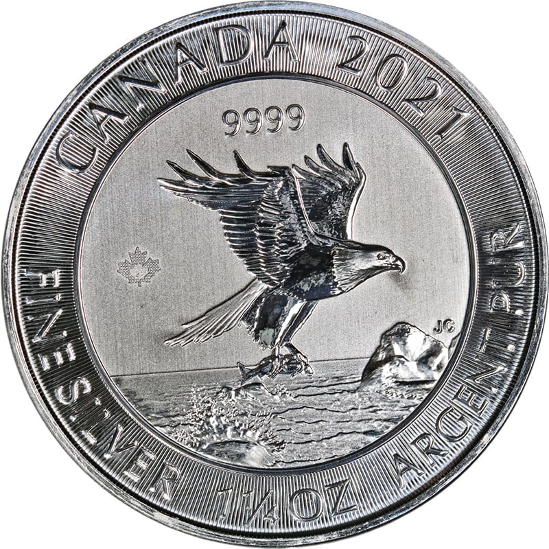 2021 Canada Silver $8 Bald Eagle 20 Coin Roll 1.25oz Uncertified: 2021 Canada Silver $8 Bald Eagle 20 Coin Roll 1.25oz Uncertified This roll of 20 coins features the 2021 Canada Silver $8 Bald Eagle with Fish, each coin weighing 1.25 ounces. Crafted from 0.999 fine 