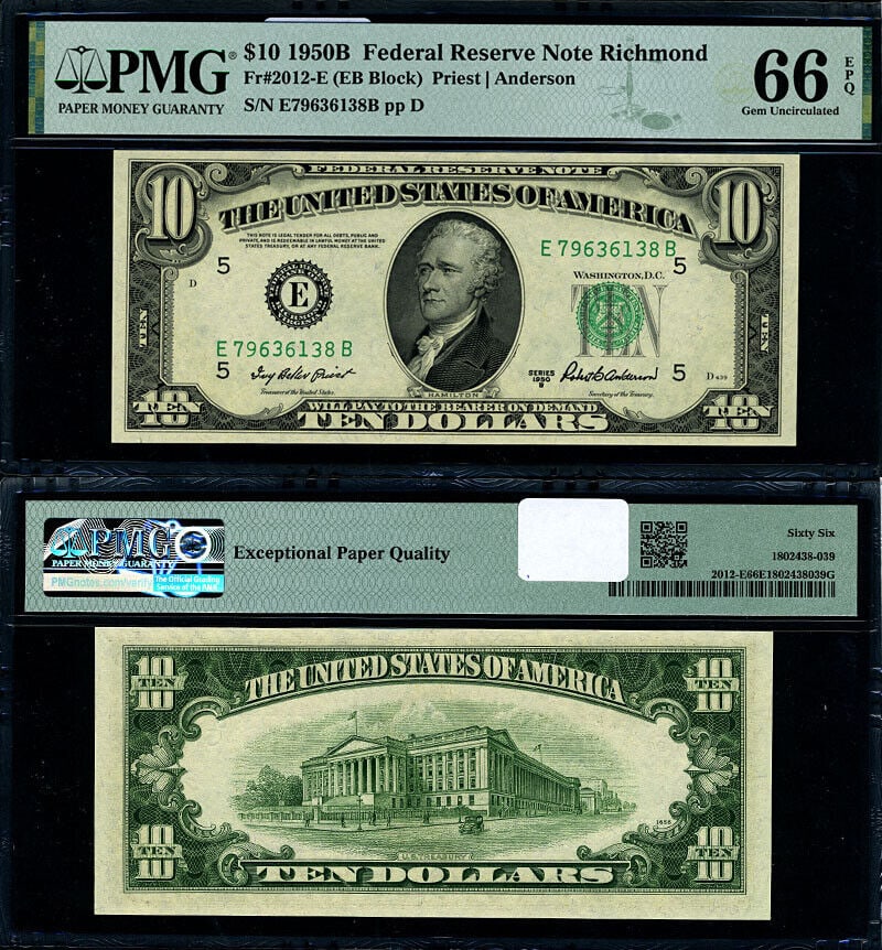 1950-B $10 Federal Reserve Note Richmond E-B Block PMG CU66 EPQ: 1950-B $10 Federal Reserve Note Richmond E-B Block PMG CU66 EPQ This 1950-B $10 Federal Reserve Note from Richmond, designated as E-B Block, is rated as Gem CU66 EPQ by PMG, ensuring its high-quality 