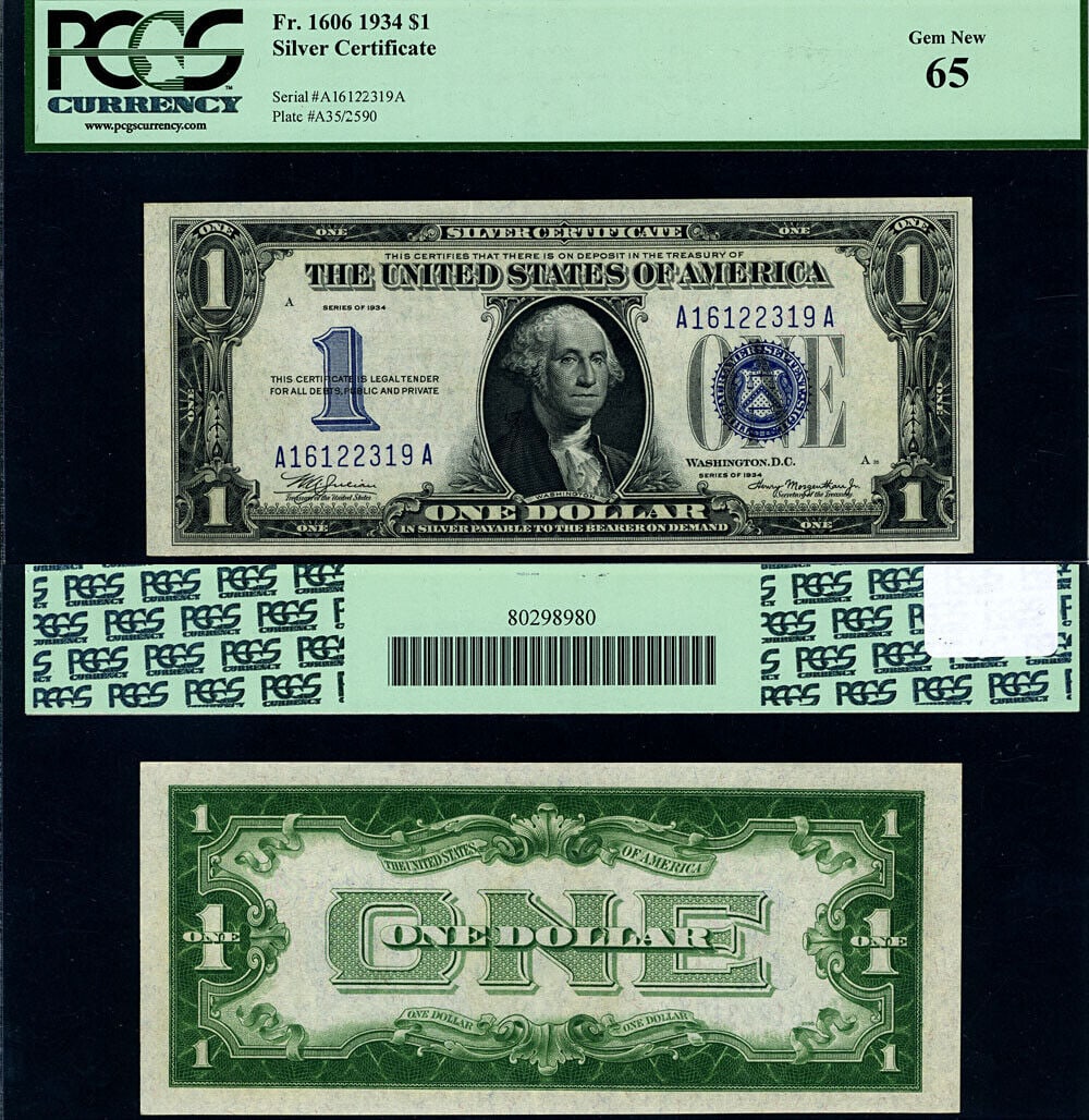 1934 $1 Silver Certificate A-A Block PCGS CU65 Gem: 1934 $1 Silver Certificate A-A Block PCGS CU65 Gem This 1934 $1 Silver Certificate is a remarkable piece for collectors, showcasing a gem quality grade of CU65 certified by PCGS. With its uncirculated