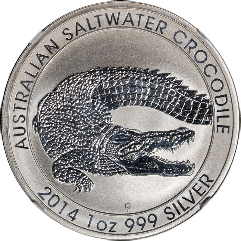 2014-P Australia Silver Saltwater Crocodile Coin NGC MS70: 2014-P Australia Silver Saltwater Crocodile Coin NGC MS70 This stunning 2014-P Australia Silver 1 Ounce $1 Saltwater Crocodile coin is certified by NGC with a perfect grade of MS70. Crafted from pure 