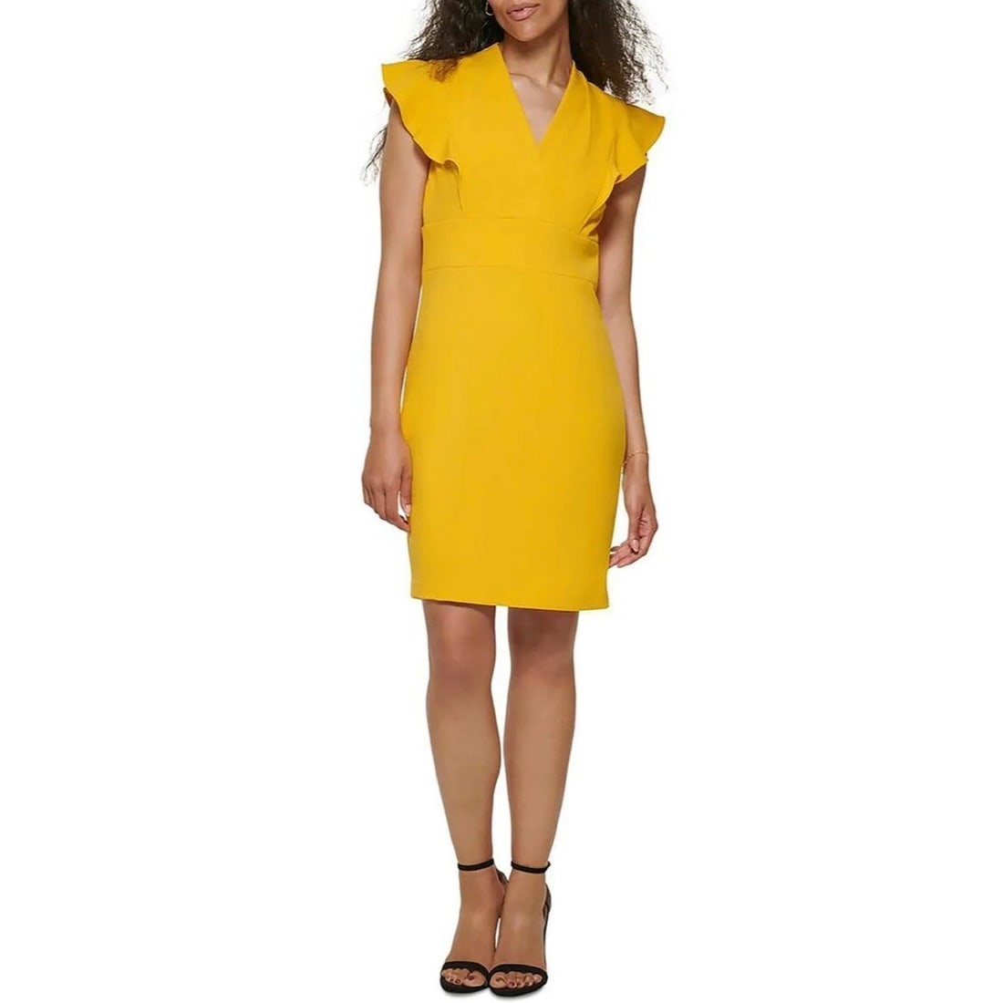 DKNY Petites Flutter Sleeve Mini Sheath Dress Yellow 4P: DKNY Petites Flutter Sleeve Mini Sheath Dress Yellow 4P Elevate your wardrobe with this stylish DKNY Petites Women's Flutter Sleeve Mini Sheath Dress in Mustard Yellow. This chic slip dress features a