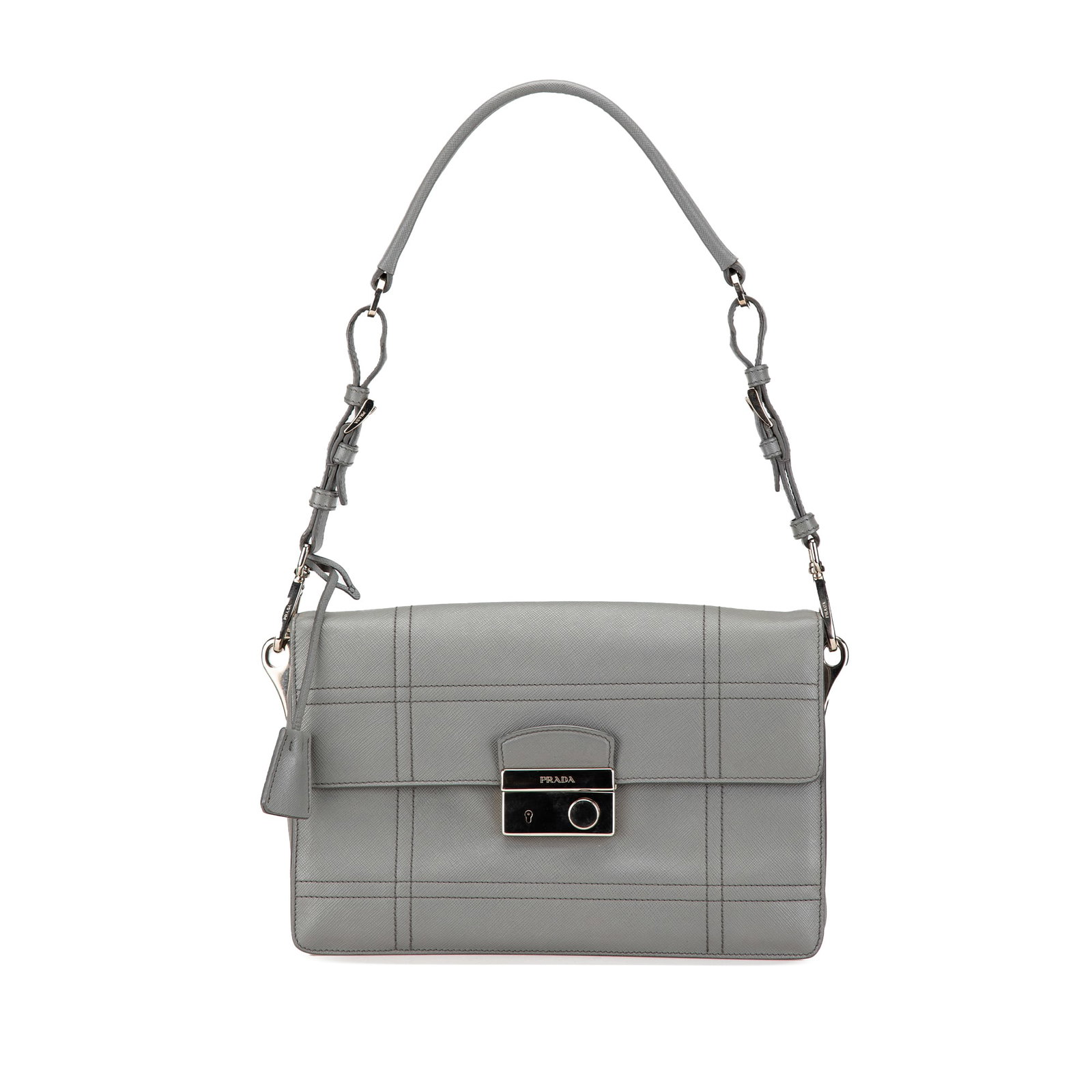 Prada Saffiano Soft Stitched Gray Sound Lock Shoulder Bag: Prada Saffiano Soft Stitched Gray Sound Lock Shoulder Bag This Prada Saffiano Soft Stitched Sound Lock Shoulder Bag is a stylish accessory featuring a sophisticated saffiano leather body in a chic gra
