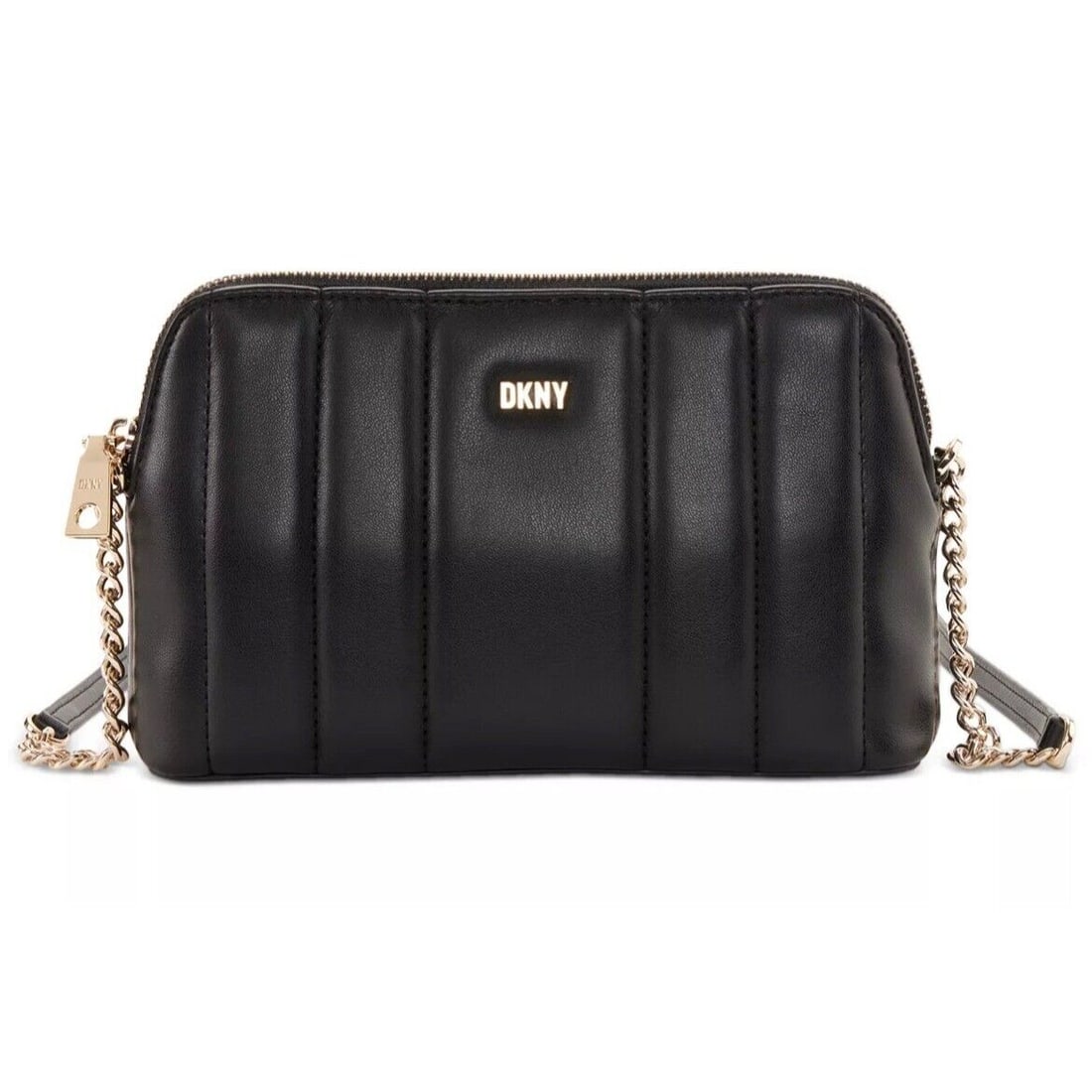 DKNY Lexington Dome Quilted Crossbody Bag Faux Leather Black Gold 8x5x2: DKNY Lexington Dome Quilted Crossbody Bag Faux Leather Black Gold 8x5x2 Enhance your ensemble with the DKNY Lexington Dome Quilted Crossbody, a chic accessory crafted from durable faux leather. This e