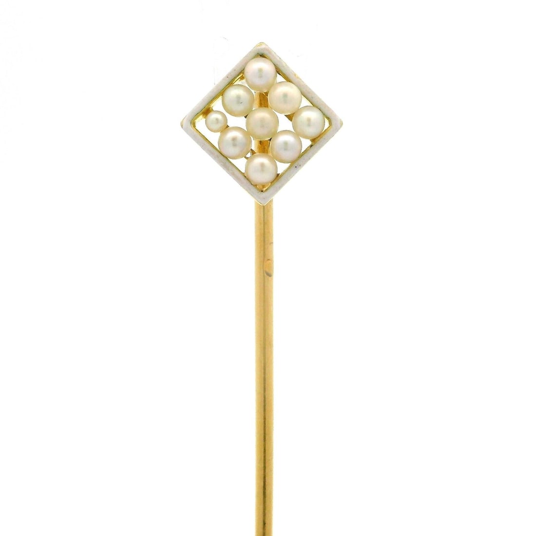 Victorian 18k Yellow Gold Seed Pearl Enamel Stick Pin: Victorian 18k Yellow Gold Seed Pearl Enamel Stick Pin This exquisite French antique Victorian stick pin features a stunning combination of 18k yellow gold, delicate seed pearls, and intricate enamel d