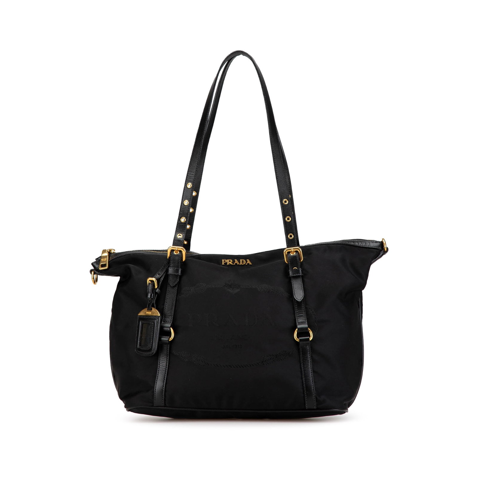 Prada Black Saffiano Trimmed Tessuto Logo Tote Bag: Prada Black Saffiano Trimmed Tessuto Logo Tote Bag Introducing the Prada Saffiano Trimmed Tessuto Logo Tote, a stylish and functional accessory for your everyday needs. This tote features a durable ny