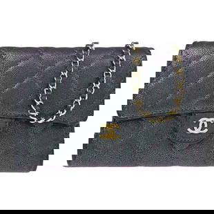Chanel Black Caviar Skin WOC Chain Wallet Bag: Chanel Black Caviar Skin WOC Chain Wallet Bag This Chanel Wallet on Chain (WOC) is crafted from luxurious black caviar skin leather, featuring a stylish folding design. The wallet measures 8 inches in