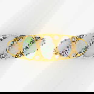 Victorian 18K Gold Opal & Diamond 5 Stone Band Ring 5.5: Victorian 18K Gold Opal & Diamond 5 Stone Band Ring 5.5 This exquisite Victorian English band ring features a stunning arrangement of five natural opals and diamonds. The ring is crafted from solid 18