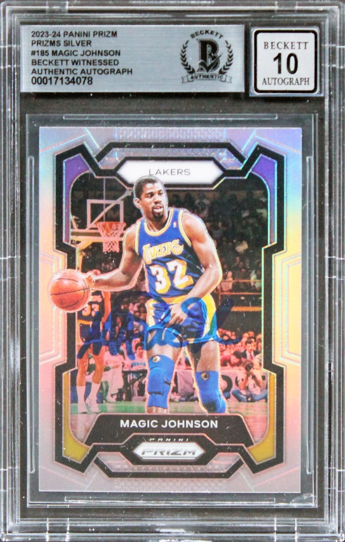 Magic Johnson Signed 2023 Panini Prizm Silver #185 Card Gem Mint 10 Beckett Authenticated: Magic Johnson Signed 2023 Panini Prizm Silver #185 Card Gem Mint 10 Beckett Authenticated Own a piece of basketball history with this 2023 Panini Prizm Silver #185 card, personally signed by Magic Joh
