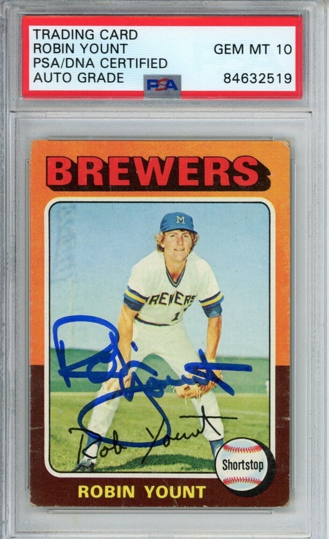 1975 Topps Robin Yount Signed Rookie Card #223 PSA/DNA GEM MINT 10: 1975 Topps Robin Yount Signed Rookie Card #223 PSA/DNA GEM MINT 10 Offered is a 1975 Topps Robin Yount Rookie #223 Card Signed Milwaukee Brewers. This card comes encapsulated in a tamper-proof holder
