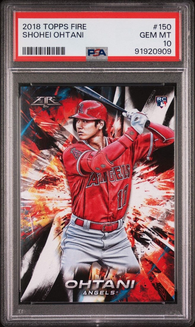 2018 Topps Fire Shohei Ohtani #150 PSA 10 Gem Rookie Card: 2018 Topps Fire Shohei Ohtani #150 PSA 10 Gem Rookie Card This 2018 Topps Fire Shohei Ohtani #150 Fire Rookie Baseball Card is graded PSA 10 Gem, ensuring its exceptional quality. The card is an origi