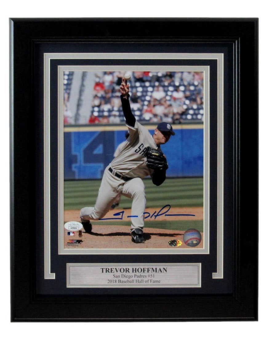 Trevor Hoffman HOF Autographed Framed 8x10 Photo San Diego Padres JSA Certified 13x16: Trevor Hoffman HOF Autographed Framed 8x10 Photo San Diego Padres JSA Certified 13x16 Celebrate the legacy of Trevor Hoffman with this framed 8x10 autographed photo. A must-have for any San Diego Padr