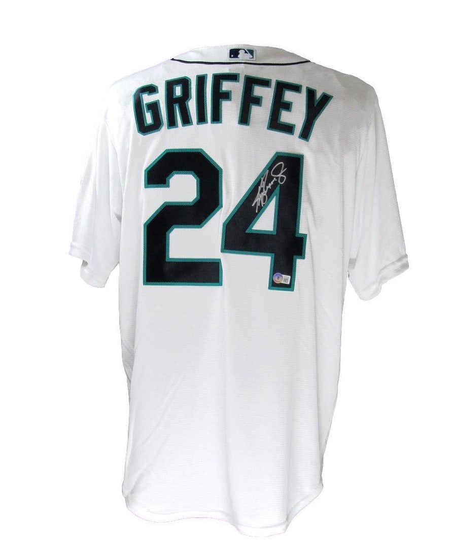 Ken Griffey Jr. HOF Autographed White Majestic Jersey Size L Mariners BAS: Ken Griffey Jr. HOF Autographed White Majestic Jersey Size L Mariners BAS This Ken Griffey Jr. Hall of Fame autographed baseball jersey is a must-have for any Seattle Mariners fan. The jersey is white