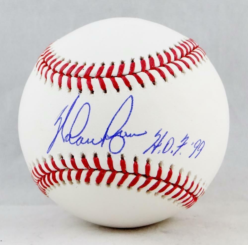 Nolan Ryan Autographed Rawlings OML Baseball with HOF Inscription: Nolan Ryan Autographed Rawlings OML Baseball with HOF Inscription This is an authentic Nolan Ryan autographed Rawlings OML baseball, featuring the Hall of Fame inscription. A must-have for any basebal