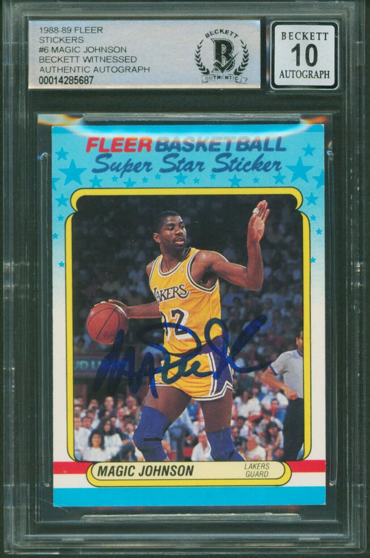 Magic Johnson Signed 1988 Fleer Stickers #6 Card Gem Mint 10 BAS Authenticated: Magic Johnson Signed 1988 Fleer Stickers #6 Card Gem Mint 10 BAS Authenticated This is a 1988 Fleer Stickers #6 card featuring Magic Johnson, personally signed by the basketball legend himself. Graded