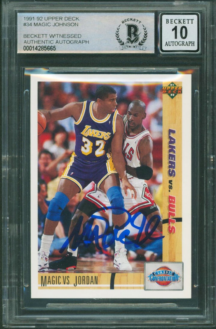 Magic Johnson Signed 1991 Upper Deck #34 Card Gem Mint 10 BAS Slabbed: Magic Johnson Signed 1991 Upper Deck #34 Card Gem Mint 10 BAS Slabbed This 1991 Upper Deck #34 card features a Gem Mint 10 grade and has been personally signed by Magic Johnson, a legendary player for