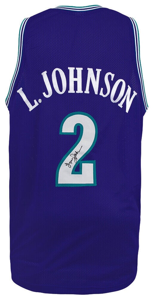 Larry Johnson Signed Purple Throwback Jersey Charlotte Hornets COA: Larry Johnson Signed Purple Throwback Jersey Charlotte Hornets COA Presenting a Larry Johnson signed purple throwback custom basketball jersey, celebrating the former NBA star's legacy with the Charlo