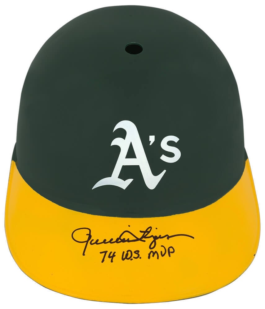 Rollie Fingers Signed Oakland A's Batting Helmet with 74 WS MVP Inscription: Rollie Fingers Signed Oakland A's Batting Helmet with 74 WS MVP Inscription This is an original Oakland A's souvenir replica batting helmet signed by Rollie Fingers, featuring the inscription '74 WS M