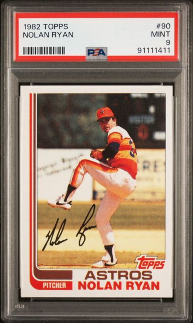 Graded 1982 Topps Nolan Ryan #90 PSA 9 Baseball Card: Graded 1982 Topps Nolan Ryan #90 PSA 9 Baseball Card This is a graded 1982 Topps Nolan Ryan #90 baseball card, featuring the legendary pitcher Nolan Ryan. It has been authenticated and graded by Profe