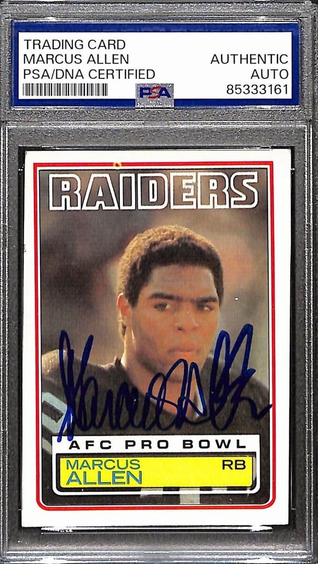 Marcus Allen HOF Signed 1983 Topps Rookie Card #294 Raiders PSA/DNA: Marcus Allen HOF Signed 1983 Topps Rookie Card #294 Raiders PSA/DNA Offered is a Marcus Allen Hall of Fame signed 1983 Topps rookie card, #294, featuring the Oakland Raiders. This authentic trading ca