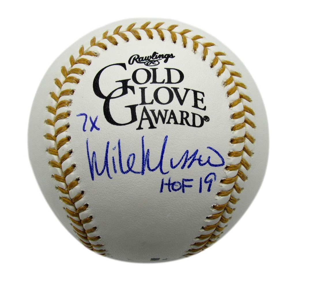 Mike Mussina HOF 19 Inscribed Gold Glove Baseball Orioles JSA Authenticated: Mike Mussina HOF 19 Inscribed Gold Glove Baseball Orioles JSA Authenticated This is a Mike Mussina Autographed and Inscribed "HOF 19" Gold Glove Award Baseball from his time with the Baltimore Orioles