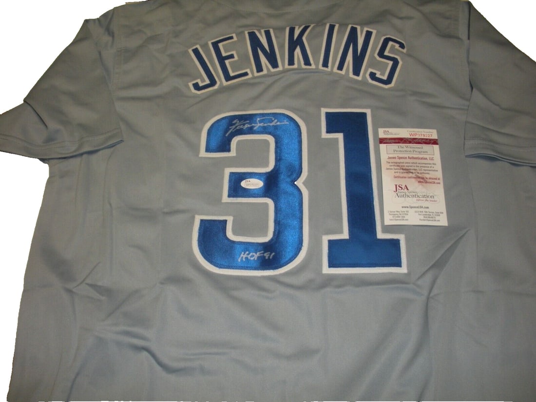 Fergie Jenkins Chicago Cubs Hand Signed Jersey HOF 91 JSA COA: Fergie Jenkins Chicago Cubs Hand Signed Jersey HOF 91 JSA COA This authentic Fergie Jenkins Chicago Cubs jersey is a must-have for any baseball fan. Hand signed by the Hall of Famer, this original ite