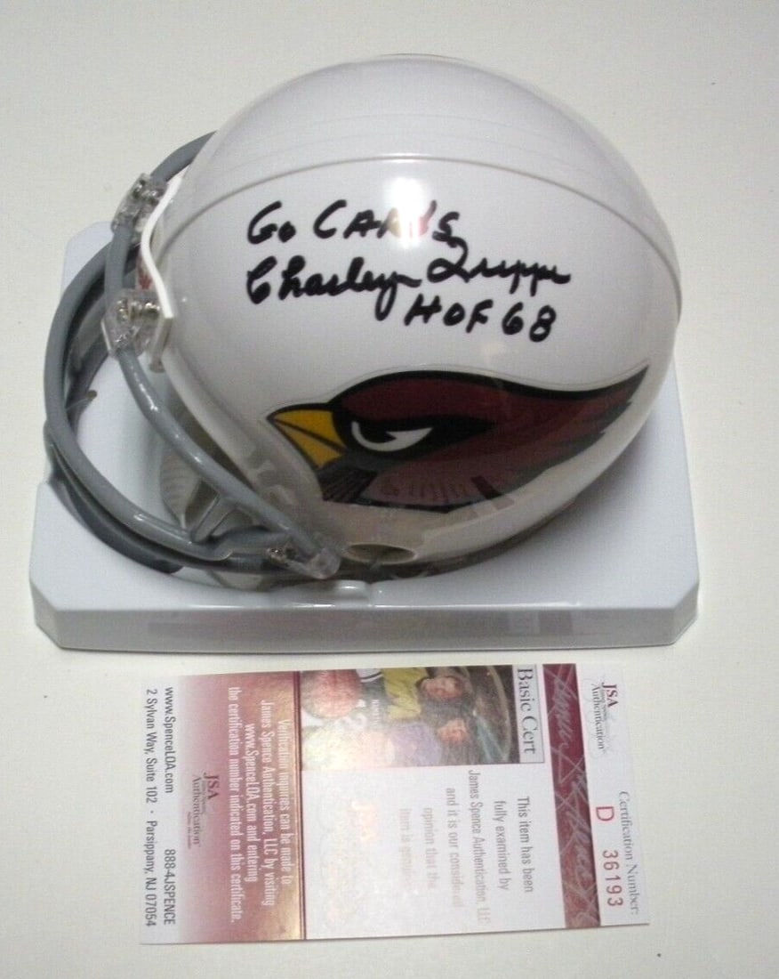 Charley Trippi Signed Chicago Cardinals Mini Helmet JSA COA HOF 1968: Charley Trippi Signed Chicago Cardinals Mini Helmet JSA COA HOF 1968 This mini helmet, signed by Charley Trippi, a Hall of Famer from 1968, is a must-have for any Chicago Cardinals fan. The helmet is