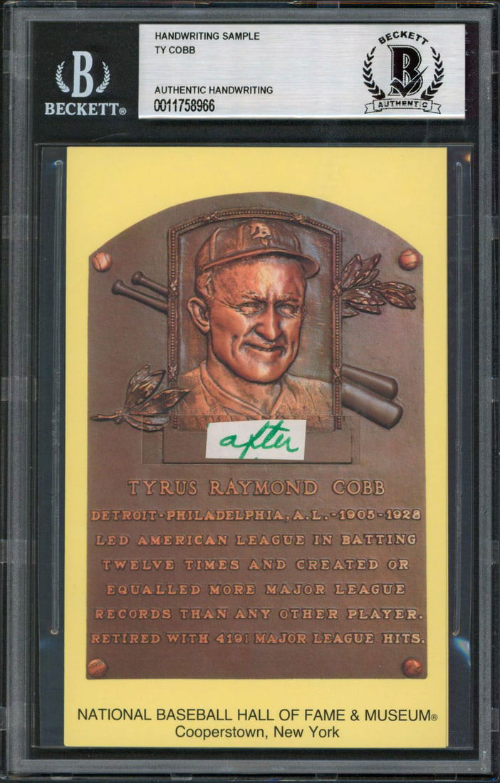 Ty Cobb Handwriting Sample 3.5x5.5 Hall of Fame Postcard Beckett Authenticated: Ty Cobb Handwriting Sample 3.5x5.5 Hall of Fame Postcard Beckett Authenticated This is a remarkable writing sample from Hall of Famer Ty Cobb, measuring 3.5x5.5 inches, presented in a Hall of Fame Pla