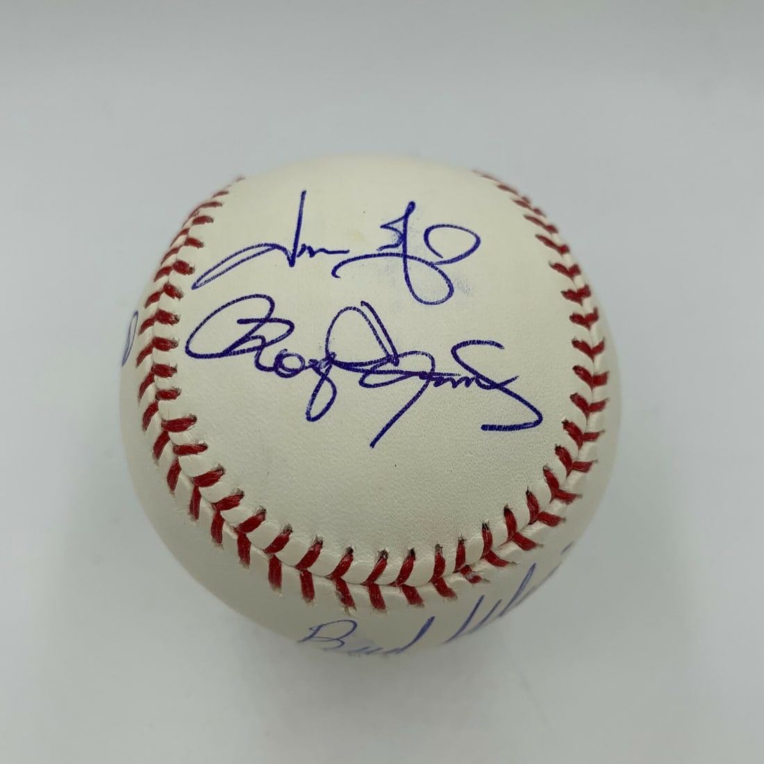 Jose Canseco Roger Clemens Giambi Bud Selig Signed Baseball JSA Authenticated: Jose Canseco Roger Clemens Giambi Bud Selig Signed Baseball JSA Authenticated This original team-signed baseball features notable signatures from baseball legends including Jose Canseco, Roger Clemens