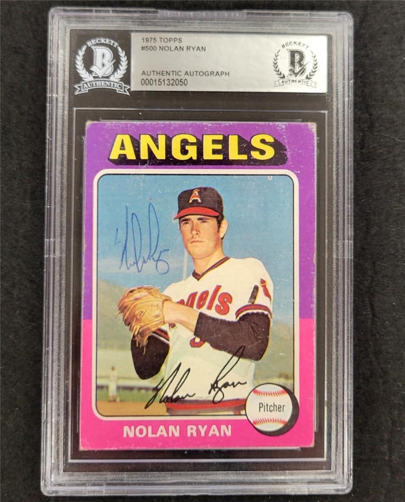 Nolan Ryan 1975 Topps #500 Autographed Card Beckett BAS Angels: Nolan Ryan 1975 Topps #500 Autographed Card Beckett BAS Angels This is a vintage 1975 Topps #500 baseball trading card, featuring an authentic autograph of Nolan Ryan, encapsulated in a protective sla