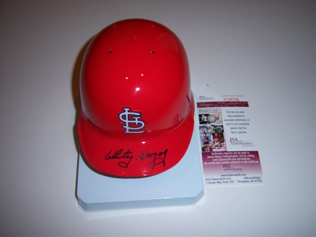 Whitey Herzog Signed Mini Helmet St. Louis Cardinals HOF JSA COA: Whitey Herzog Signed Mini Helmet St. Louis Cardinals HOF JSA COA This is an authentic mini helmet signed by Whitey Herzog, a Hall of Fame manager for the St. Louis Cardinals. The helmet is a collectib