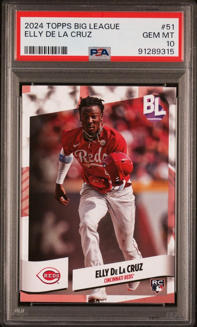 2024 Topps Big League Elly De La Cruz Rookie Card PSA 10 MLB: 2024 Topps Big League Elly De La Cruz Rookie Card PSA 10 MLB This graded 2024 Topps Big League baseball card features Elly De La Cruz, a standout player for the Cincinnati Reds. The card has been auth