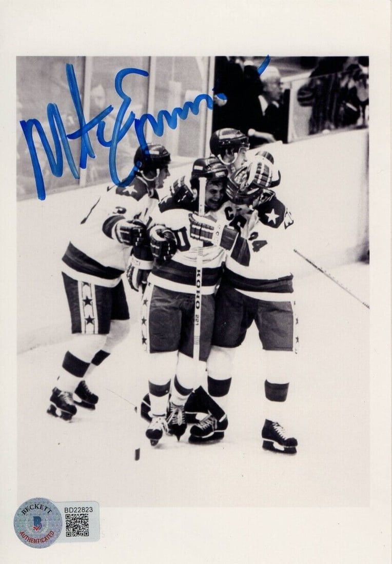 Mike Eruzione Signed 4 3/4 x 7 Photo Miracle on Ice Team USA Beckett Authenticated: Mike Eruzione Signed 4 3/4 x 7 Photo Miracle on Ice Team USA Beckett Authenticated Capture a piece of sports history with this original, autographed small photo of Mike Eruzione from the legendary 'Mi