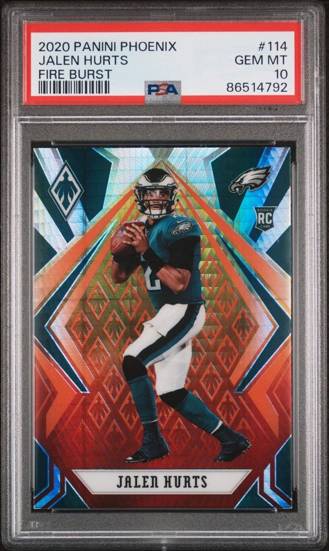 2020 Panini Phoenix Jalen Hurts #114 Fire Burst RC PSA 10 NFL Card: 2020 Panini Phoenix Jalen Hurts #114 Fire Burst RC PSA 10 NFL Card This graded 2020 Panini Phoenix Jalen Hurts #114 Fire Burst rookie card is a must-have for collectors. Featuring a PSA grade of 10, t