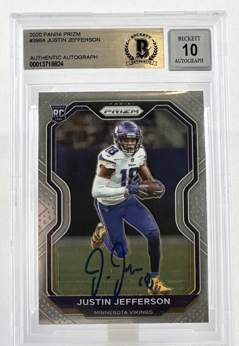 2020 Panini Prizm Justin Jefferson Auto #398A Vikings NFL Graded: 2020 Panini Prizm Justin Jefferson Auto #398A Vikings NFL Graded This 2020 Panini Prizm #398A sports trading card features an authentic hand-signed autograph by Justin Jefferson, a standout player for