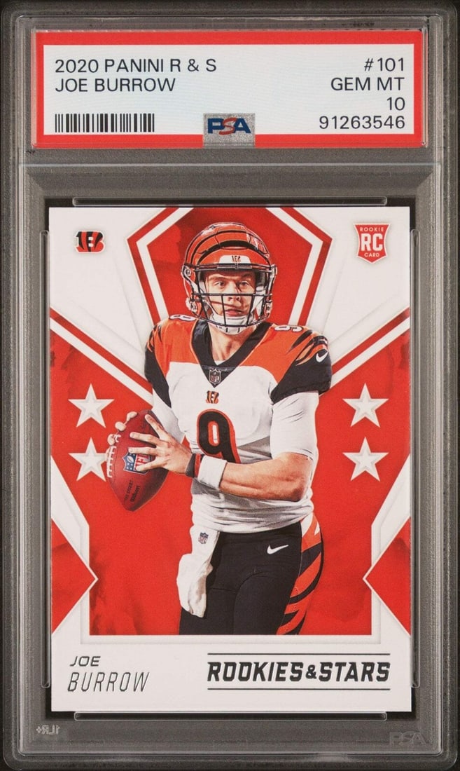 2020 Panini Rookies & Stars Joe Burrow #101 PSA 10 Rookie Card: 2020 Panini Rookies & Stars Joe Burrow #101 PSA 10 Rookie Card This graded 2020 Panini Rookies & Stars Joe Burrow #101 Rookie Football Card is a remarkable collectible for fans and collectors alike. A
