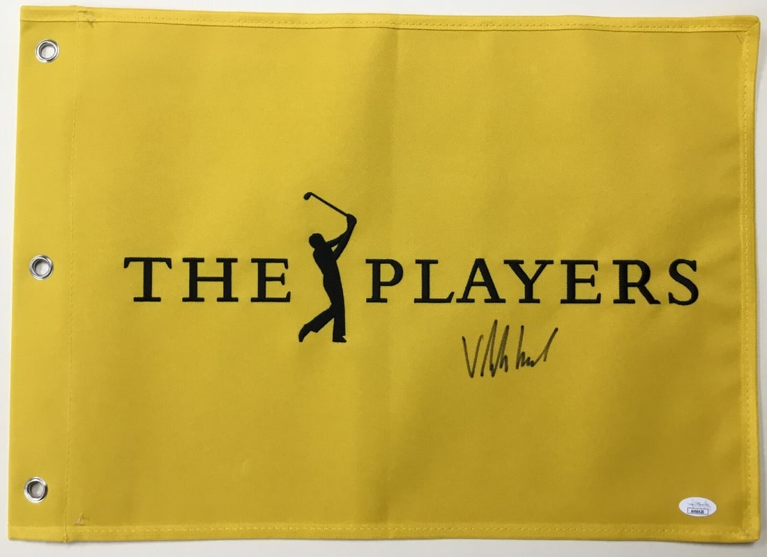Viktor Hovland Signed The Players Yellow Pin Flag JSA AV66426: Viktor Hovland Signed The Players Yellow Pin Flag JSA AV66426 Add a touch of the PGA tour to your collection with this official yellow pin flag from The Players, uniquely signed by rising golf star Vi