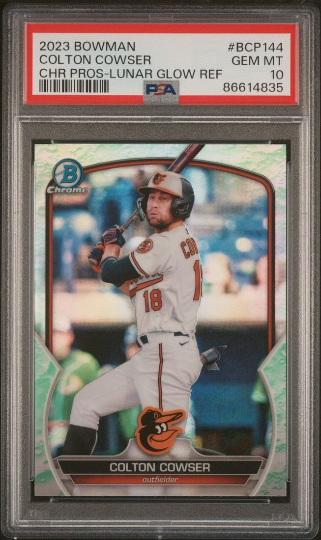 2023 Bowman Colton Cowser #BCP144 Chrome Lunar REF PSA 10 Baseball Card: 2023 Bowman Colton Cowser #BCP144 Chrome Lunar REF PSA 10 Baseball Card This is a graded 2023 Bowman Colton Cowser #BCP144 Chrome Lunar REF Baseball Card, featuring a perfect PSA grade of 10. The card