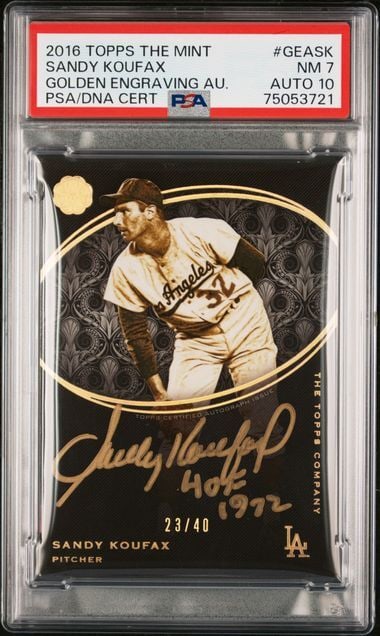 Sandy Koufax 2016 Topps Golden Engraving #GEASK PSA 10 Auto 23/40: Sandy Koufax 2016 Topps Golden Engraving #GEASK PSA 10 Auto 23/40 This 2016 Topps The Mint Golden Engraving card features baseball legend Sandy Koufax, a key player for the Los Angeles Dodgers. The ca