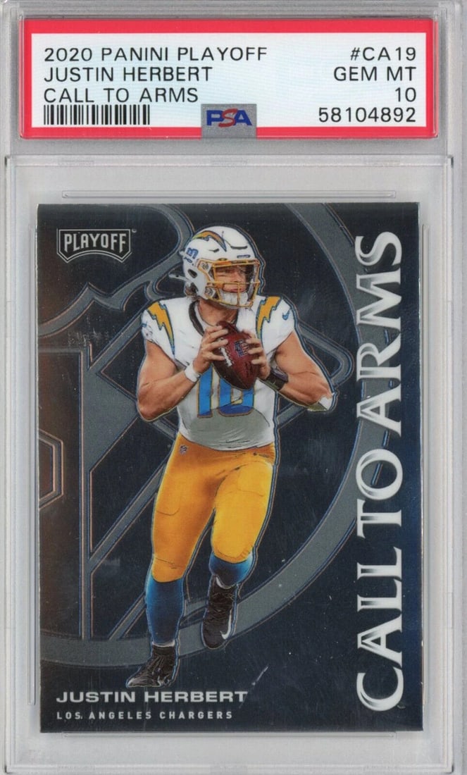 2020 Panini Playoff Justin Herbert Call To Arms PSA 10 Rookie Card: 2020 Panini Playoff Justin Herbert Call To Arms PSA 10 Rookie Card This 2020 Panini Playoff Justin Herbert #CA19 Call To Arms Rookie Card is a stunning collectible for any NFL fan. Graded a perfect PS