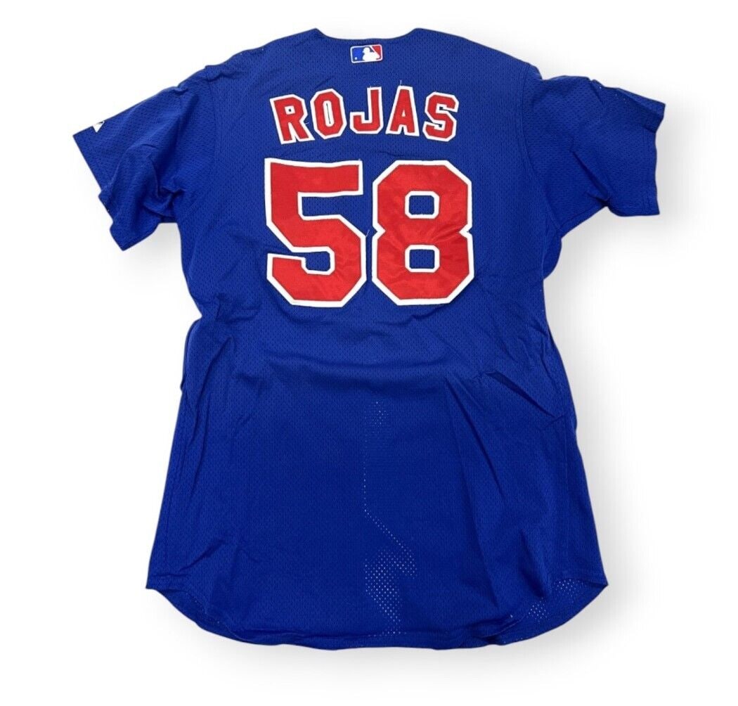 Carlos Rojas Chicago Cubs On Field Blue Jersey Mid 2000s: Carlos Rojas Chicago Cubs On Field Blue Jersey Mid 2000s Show your support for the Chicago Cubs with this authentic Carlos Rojas On Field Baseball Jersey. This jersey is part of a large lot acquired f