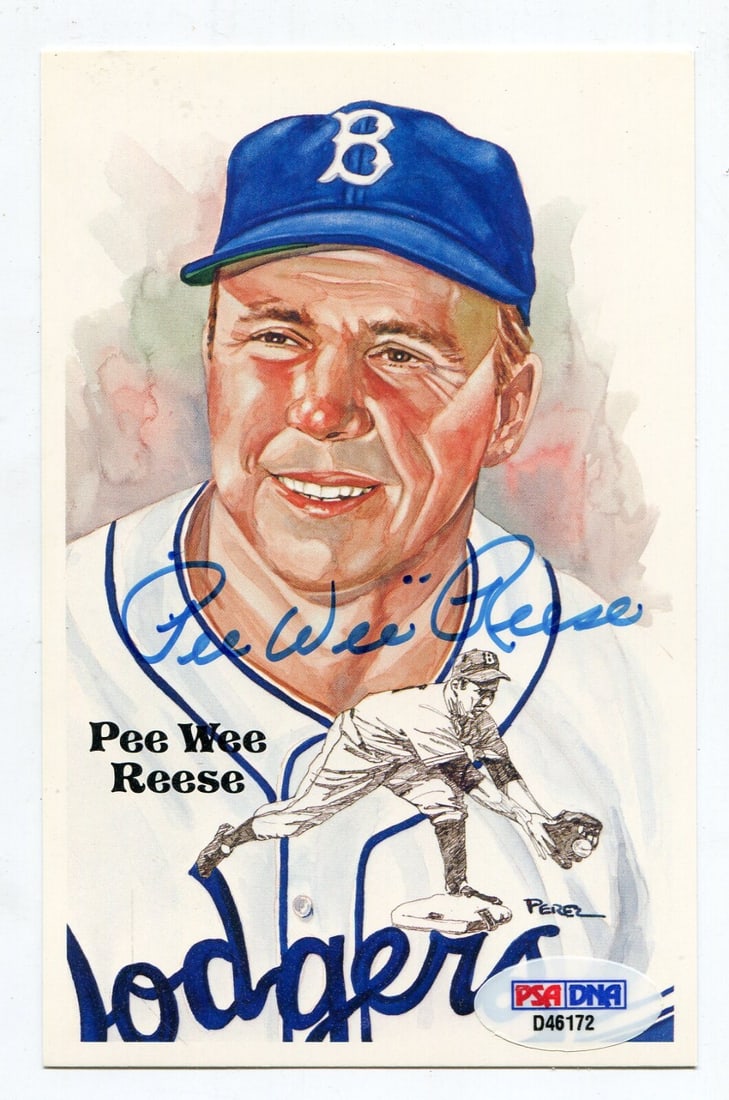 Pee Wee Reese Signed Hall of Fame Postcard PSA/DNA Brooklyn Dodgers: Pee Wee Reese Signed Hall of Fame Postcard PSA/DNA Brooklyn Dodgers This is a signed Perez Steele Hall of Fame postcard featuring baseball legend Pee Wee Reese. The postcard is officially licensed and
